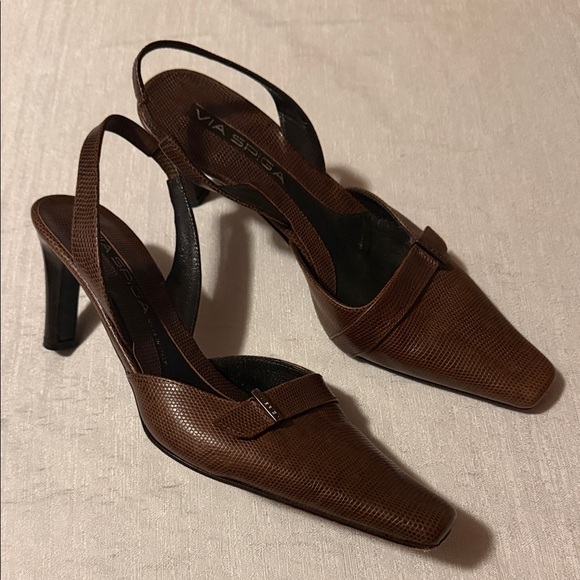 Via Spiga Shoes - Via Spiga Women’s Italian Made Lizard Embossed Chocolate Slingback Heel Size 8.5